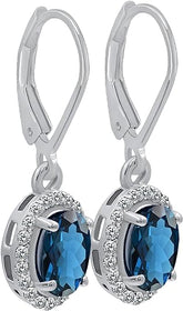 1/3 Ct Diamond & London Blue Topaz Earrings, 925 Sterling Silver Lever Back Earrings for Women, December Birthstone Cluster Earrings
